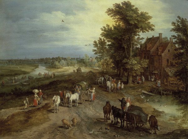 Jan Bruegel t.E./Landscape w.tavern van Jan Brueghel d. J.