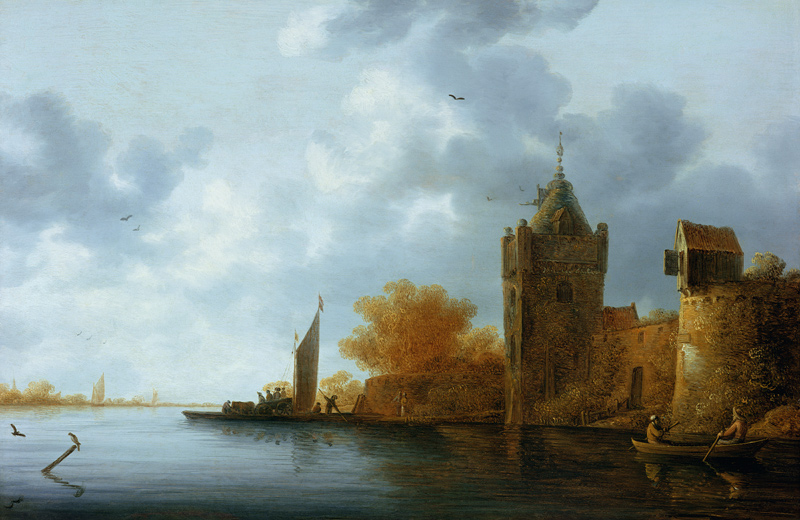 River estuary with a tower and fortified walls, ferry embarking van Jan Coelenbier