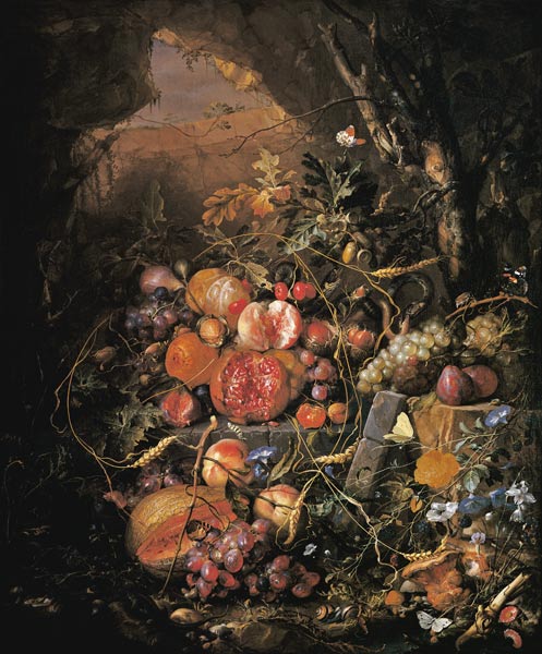 Still-life with fruit, flowers, mush– rooms, insects, snail van Jan Davidsz de Heem
