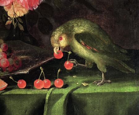 Still Life of Fruit and Flowers, detail of a Parrot