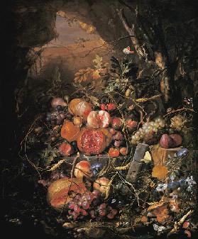 Still-life with fruit, flowers, mush– rooms, insects, snail