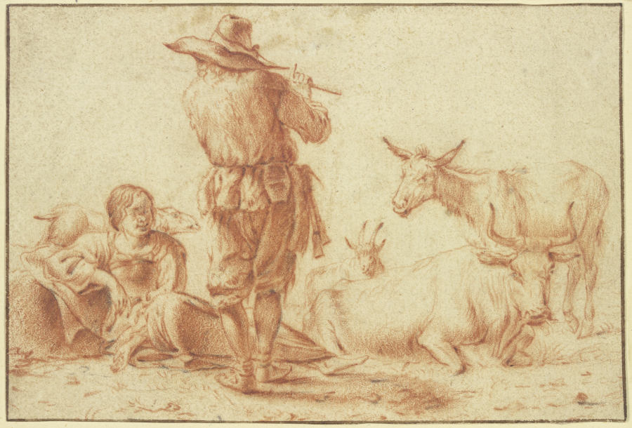 Ein Hirte in Rückenansicht bläst die Flöte, eine Hirtin sitzt dabei mit einigem Vieh van Jan Frans Soolmaker