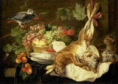Still Life with Hare, Fruit and Parrot van Jan Fyt