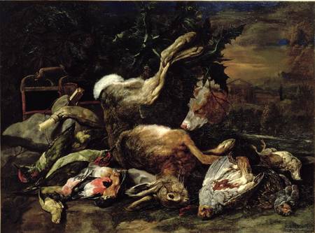 Still Life with a Hare, Song Birds and a Bird Net with a Spaniel Beyond van Jan Fyt