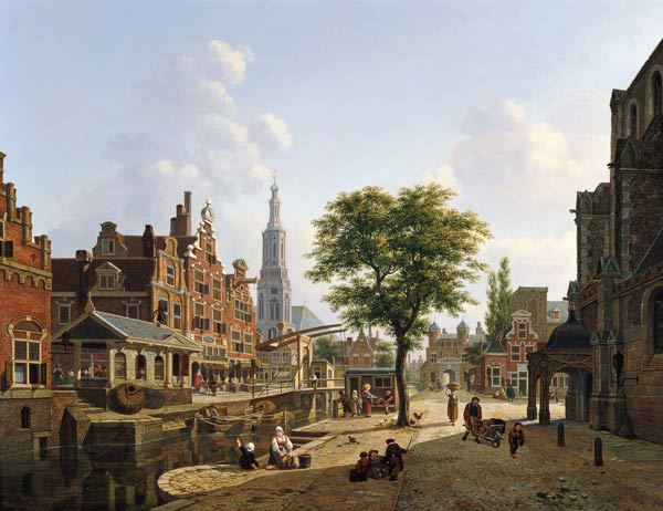 Dutch town scene with canal van Jan Hendrik Verheyen