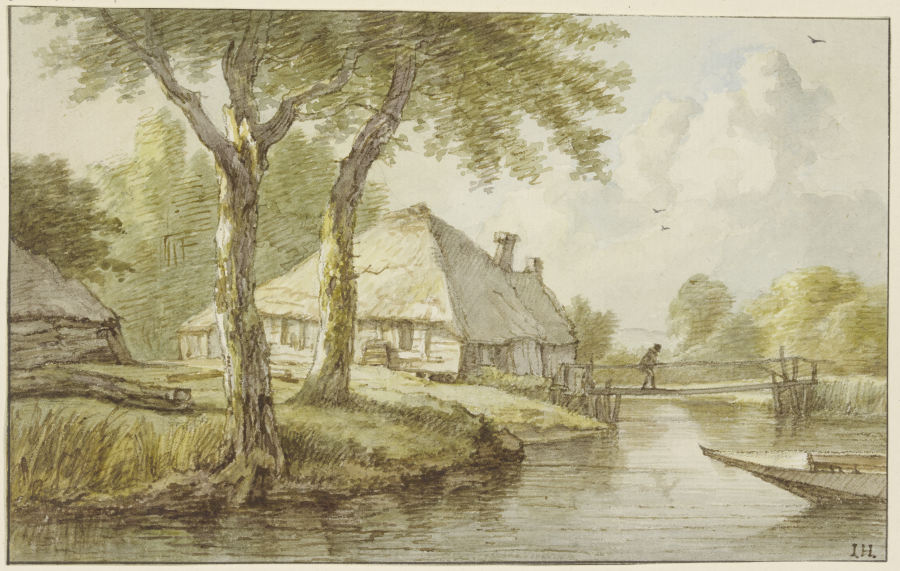 Bei zwei Bäumen ein Haus am Wasser, ein Steg, rechts die Spitze eines Kahnes van Jan Hulswit