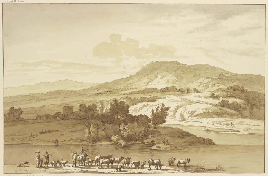 Fluß mit Herde, im Hintergrund Berge van Jan Hulswit