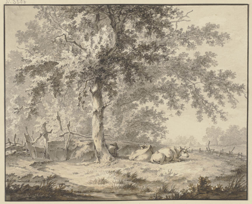 Unter einer Eiche an einem Zaun ein Hirte mit zwei Kühen van Jan Hulswit