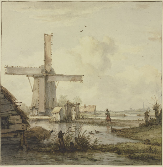 Windmühle vor einer Stadt mit hohem Turm, über einen abgegatterten Damm am Stock schreitend eine Fra van Jan Hulswit
