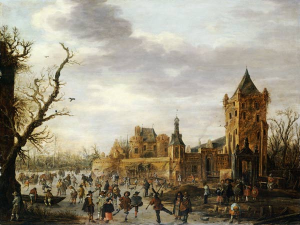 A View of Kasteel Batestein Vianen, in Winter with a Gentleman, his Wife and Retinue Watching Winter van Jan Josephsz. van Goyen