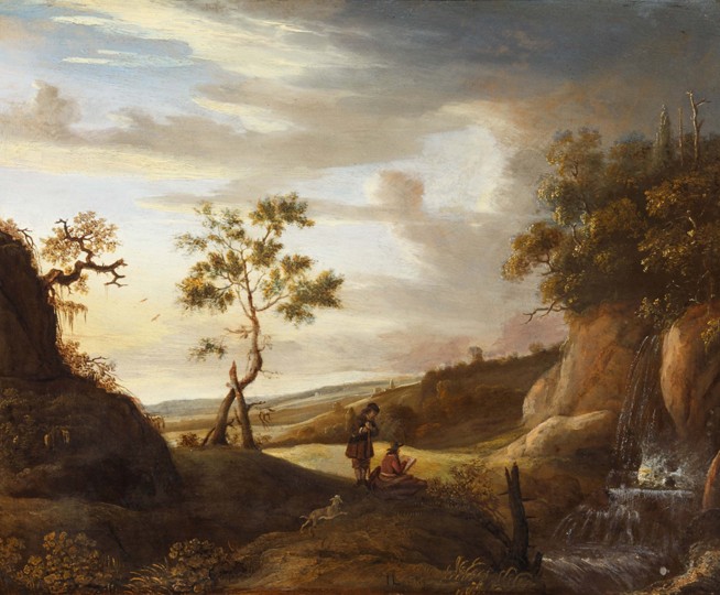 Landscape with an artist who paints a waterfall van Jan Lievens