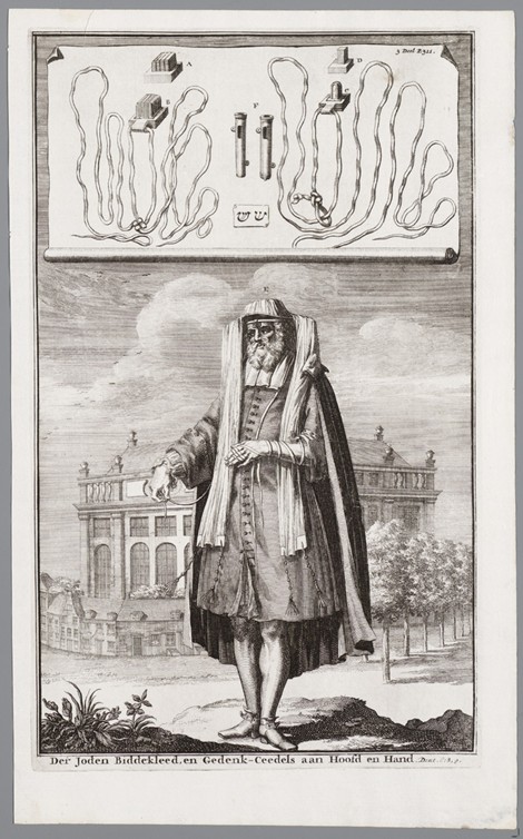 Jewish man, dressed for prayer. On the background the Portuguese Synagogue of Amsterdam van Jan Luyken