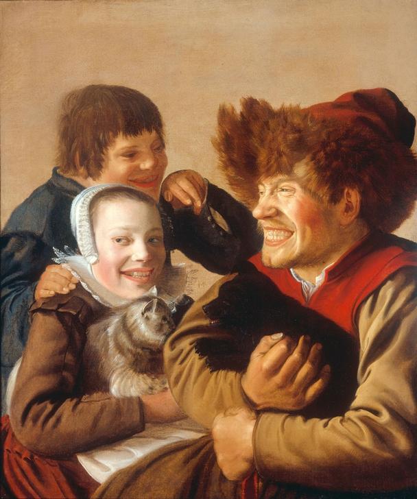 A Grinning Boy in a Fur Hat Holding a Dog, a Girl with a Ca van Jan Miense Molenaer