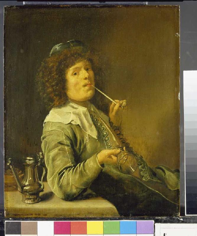 Rauchender Mann mit leerem Weinglas. van Jan Miense Molenaer