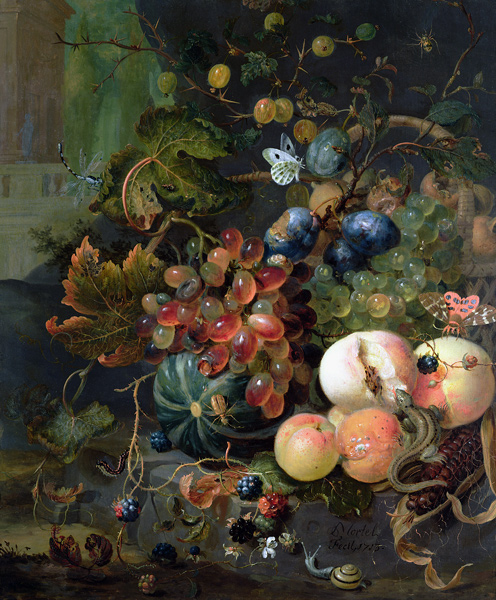 Still Life of Fruit and Insects van Jan Mortel
