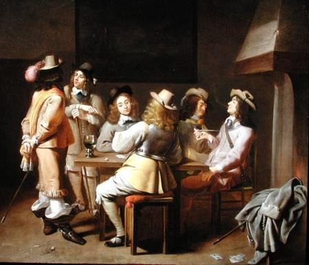 A Guardroom with Soldiers Playing Cards and Smoking at a Table van Jan Olis