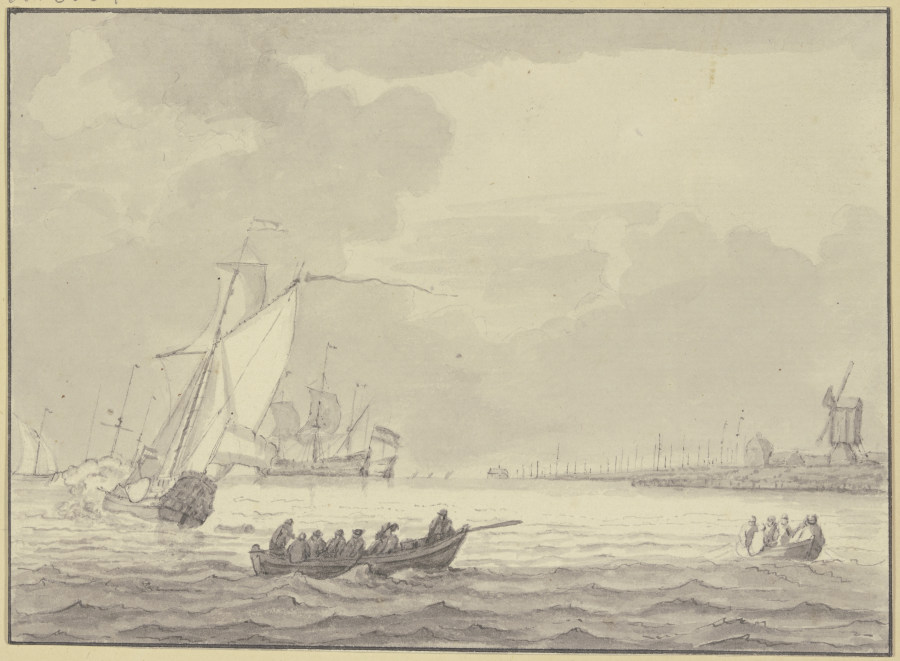 Leicht bewegte See, rechts Ufer mit Hafen und Windmühle, Ruderboote und Kanone van Jan Rood
