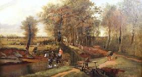 A Wooded River Landscape with Figures, Horse and Cart