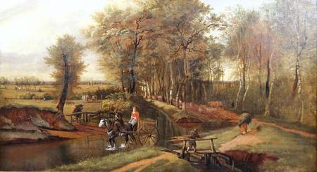 A Wooded River Landscape with Figures, Horse and Cart van Jan Siberechts