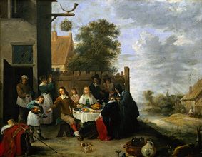 Familie bei einer Mahlzeit im Freien van Jan Havickszoon Steen