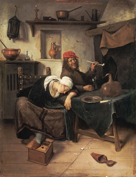 Slapende vrouw en rokende man aan tafel Jan Steen van Jan Havickszoon Steen
