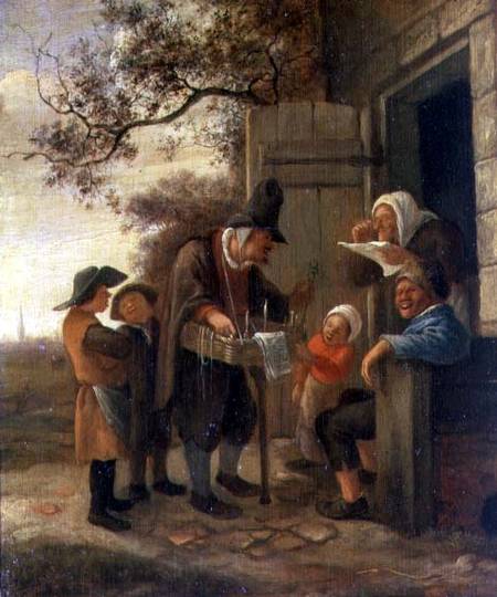 A Pedlar selling Spectacles outside a Cottage van Jan Havickszoon Steen