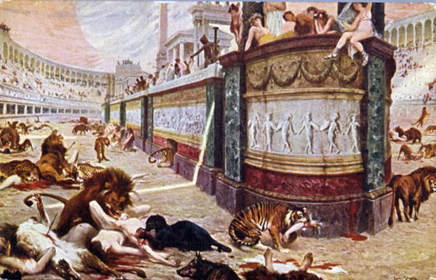 Postcard depicting the bloody games in the arena in Rome, illustration from 'Quo Vadis', 1910 (colou van Jan Styka