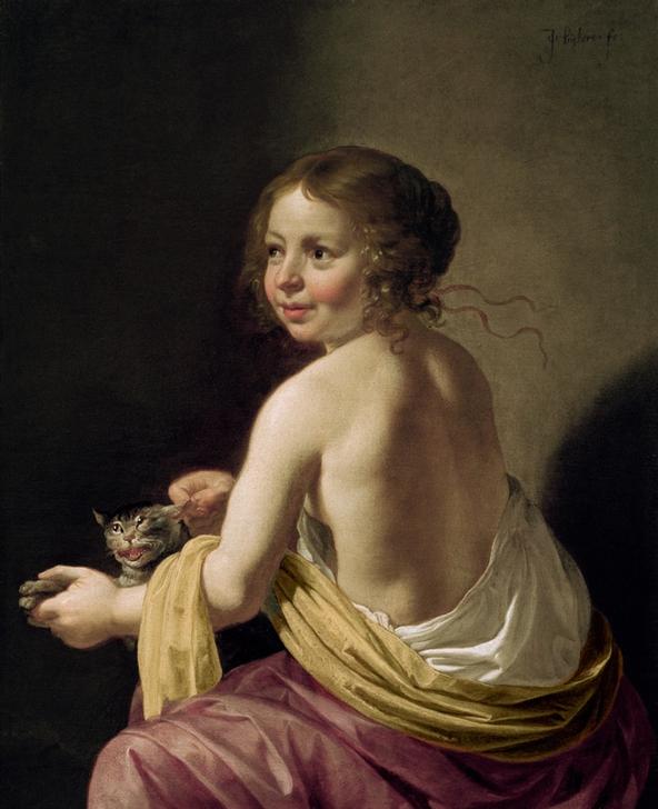 Girl teasing a cat van Jan van Bijlert or Bylert