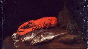 A Still Life of a Lobster and Fish on a Table