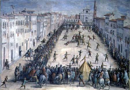 A Game of Football in the Piazza Santa Maria Novella, Florence van Jan van der Straet