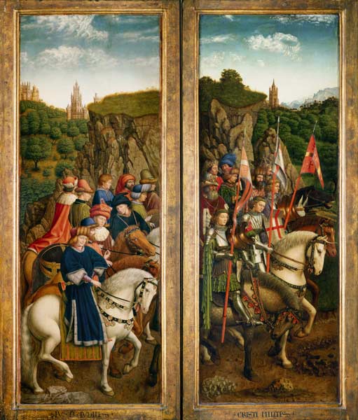 Genter Altar - Die gerechten Richter (links) und die Streiter Cristi (rechts) van Jan van Eyck