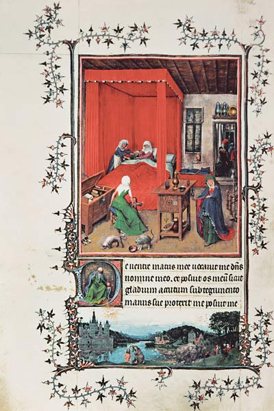 f.93v The Birth of John the Baptist and the Baptism of Christ, from the 'Hours of Milan', 1422 van Jan van Eyck
