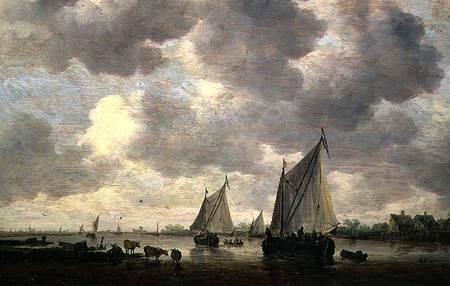 A Canal in Holland, or Two Large Sailing Ships and Cattle Near a River van Jan van Goyen