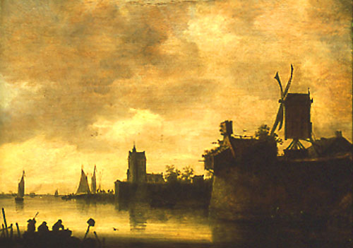 Flusslandschaft mit Windmühlen van Jan van Goyen