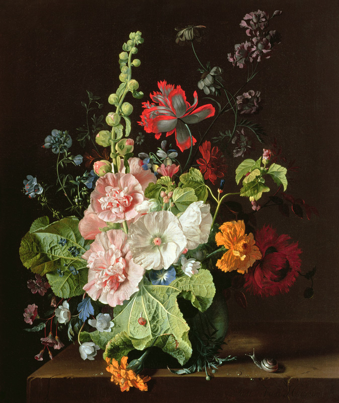 Hollyhocks and Other Flowers in a Vase van Jan van Huysum