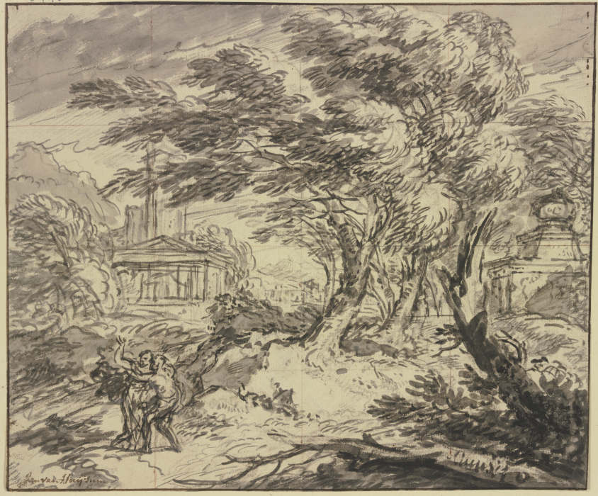 Landschaft mit antiker Tempelarchitektur im Sturm, im Vordergrund ergreift ein Mann eine Frau mit er van Jan van Huysum