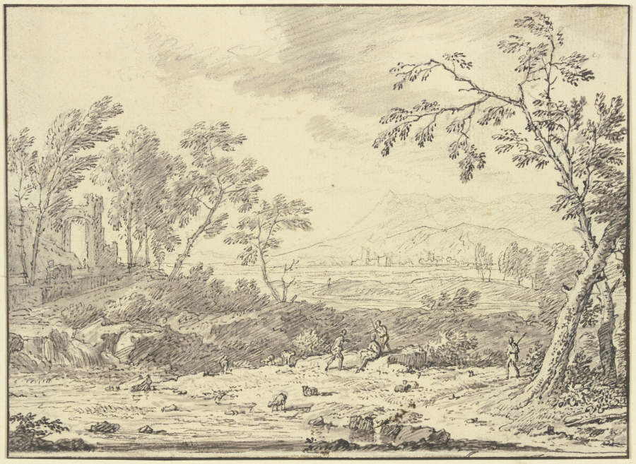 Landschaft mit Ruinen, vorne ein Hirte bei Schafen van Jan van Huysum