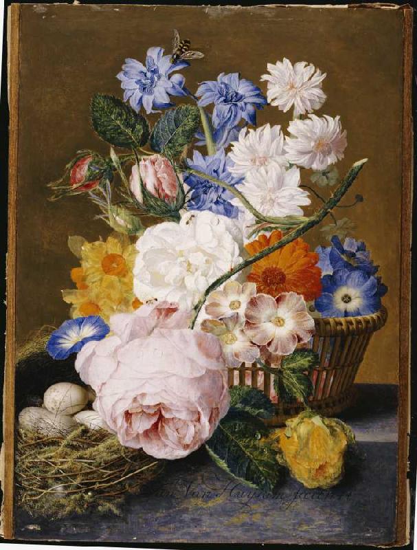 Rosen, Winden, Osterglocken, Astern und andere Blumen neben einem Vogelnest van Jan van Huysum