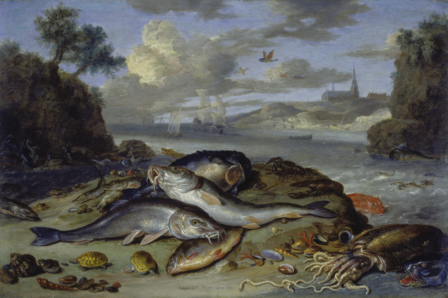 Still Life with Fish and Sea Animals in a Coastal Landscape van Jan van Kessel d.Ä.