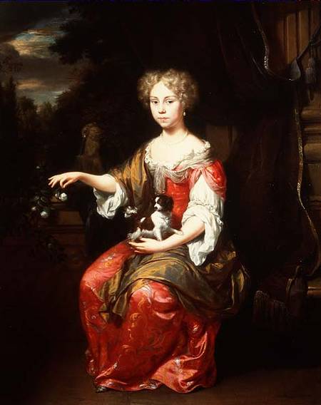 Portrait of a Lady holding her pet King Charles Spaniel van Jan Verkolje