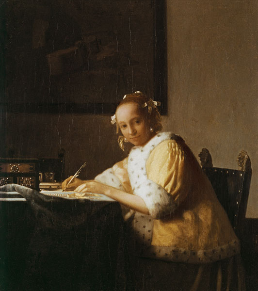 Briefschrijvende vrouw in het geel  van Johannes Vermeer 