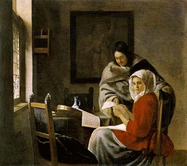 Ein musizierendes Mädchen wird in ihrer musik unterbrochen van Johannes Vermeer 