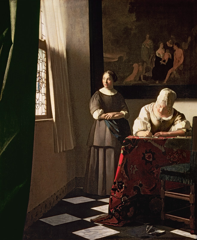 Lady Writing a Letter with her Maid van Johannes Vermeer 