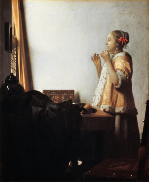 Vrouw met halsketting - De parelketting Johannes Vermeer van Johannes Vermeer 