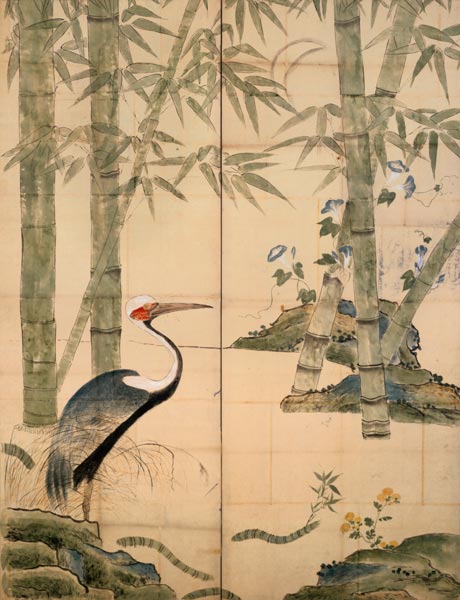 Pine and Bamboo and Cranes (w/c on panel) van Japanese School