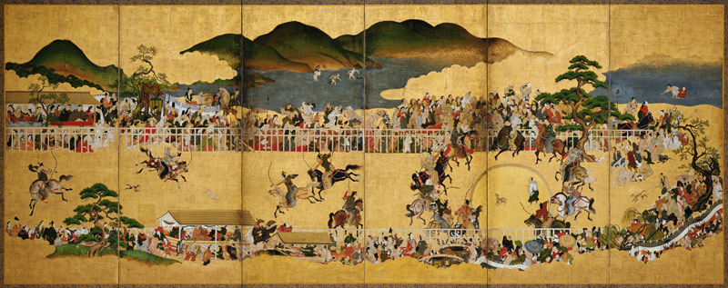 Six-fold Screen Depicting a Dog Chasing Contest, Japanese, 1624-43 van Japanese School