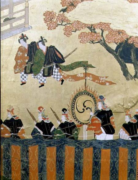 Detail from a four leaf screen depicting two courtiers wearing kazaritachi and soldiers, Tosa School van Japanese School