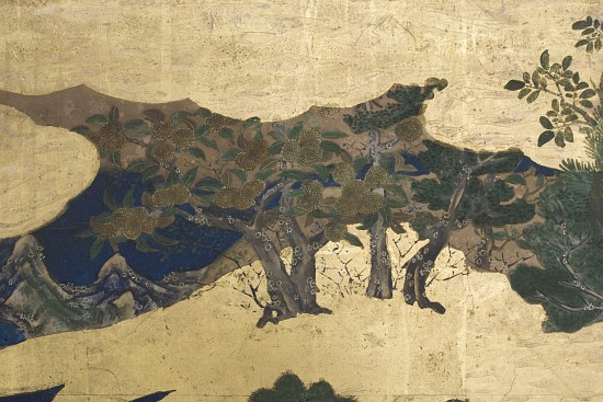 Detail of Spring in the Palace, six-fold screen from 'The Tale of Genji' van Japanese School