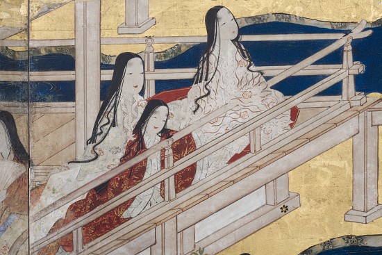 Detail of Spring in the Palace, six-fold screen from 'The Tale of Genji' van Japanese School