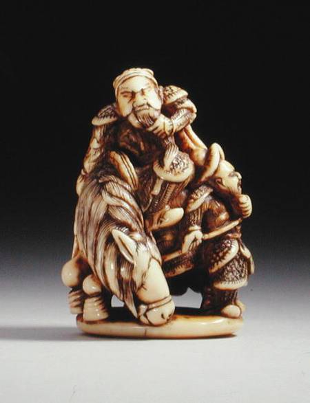 Netsuke in the form of a Chinese warrior on horseback with his attendant van Japanese School